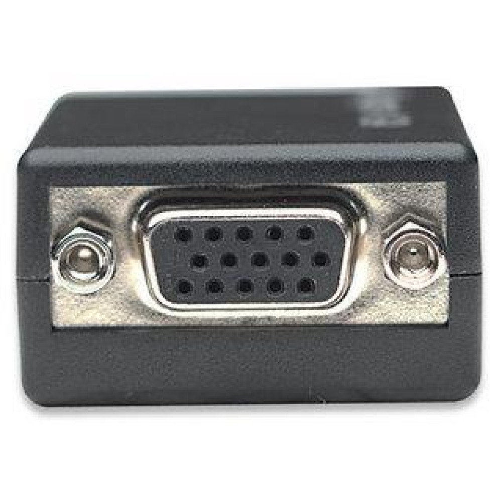Un adaptador negro con un conector VGA. El conector tiene múltiples pines y tornillos.