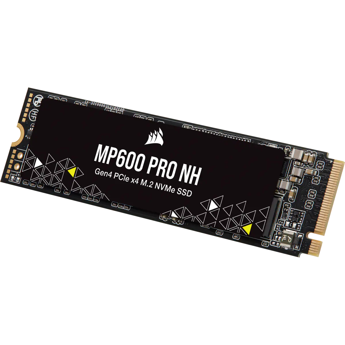 Dysk SSD z czarną powierzchnią, biały tekst: MP600 PRO NH. Żółte trójkąty, M.2 NVMe.