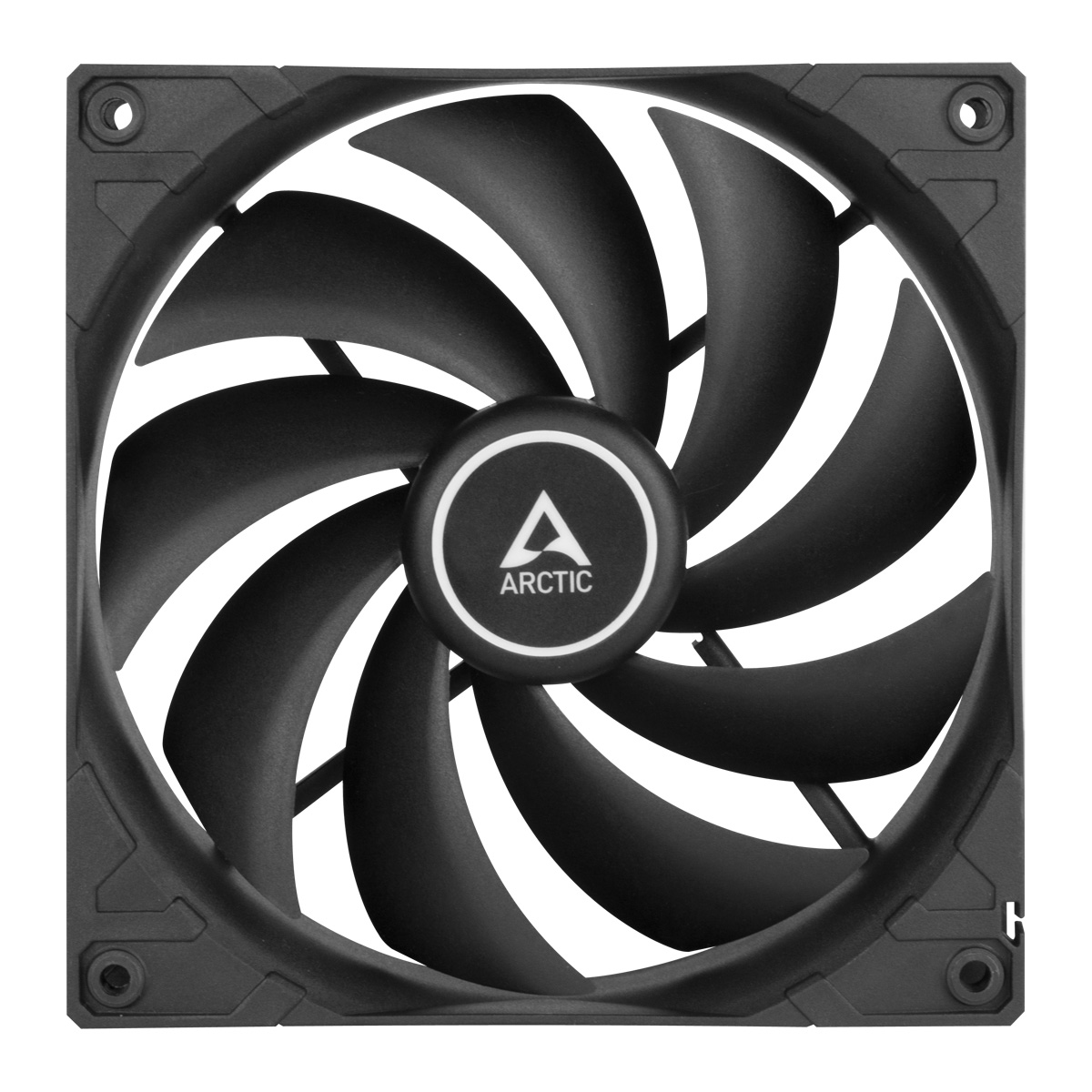 Ventola per PC nera con pale curve e logo Arctic al centro, circondata da una cornice quadrata nera.