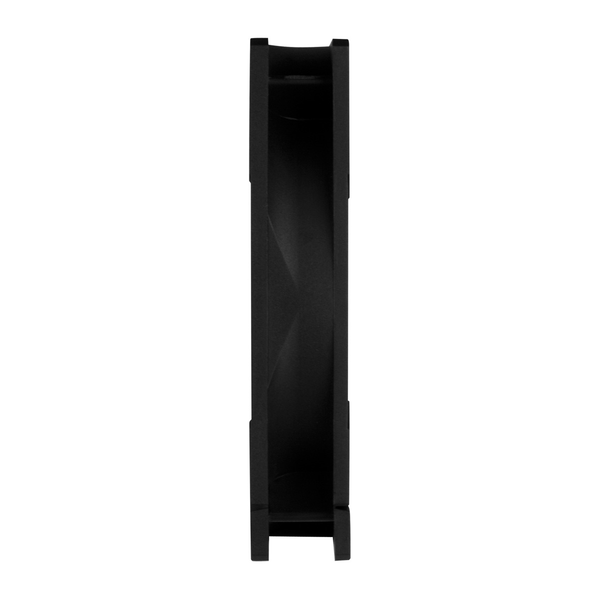 Ventola nera, vista laterale. Ha un design a lama curva, con una cornice rettangolare.