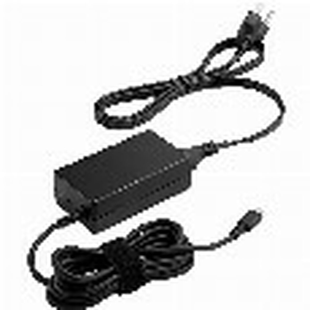 Black laptop charger with two cables. One connects to the plug, the other to the charging port.