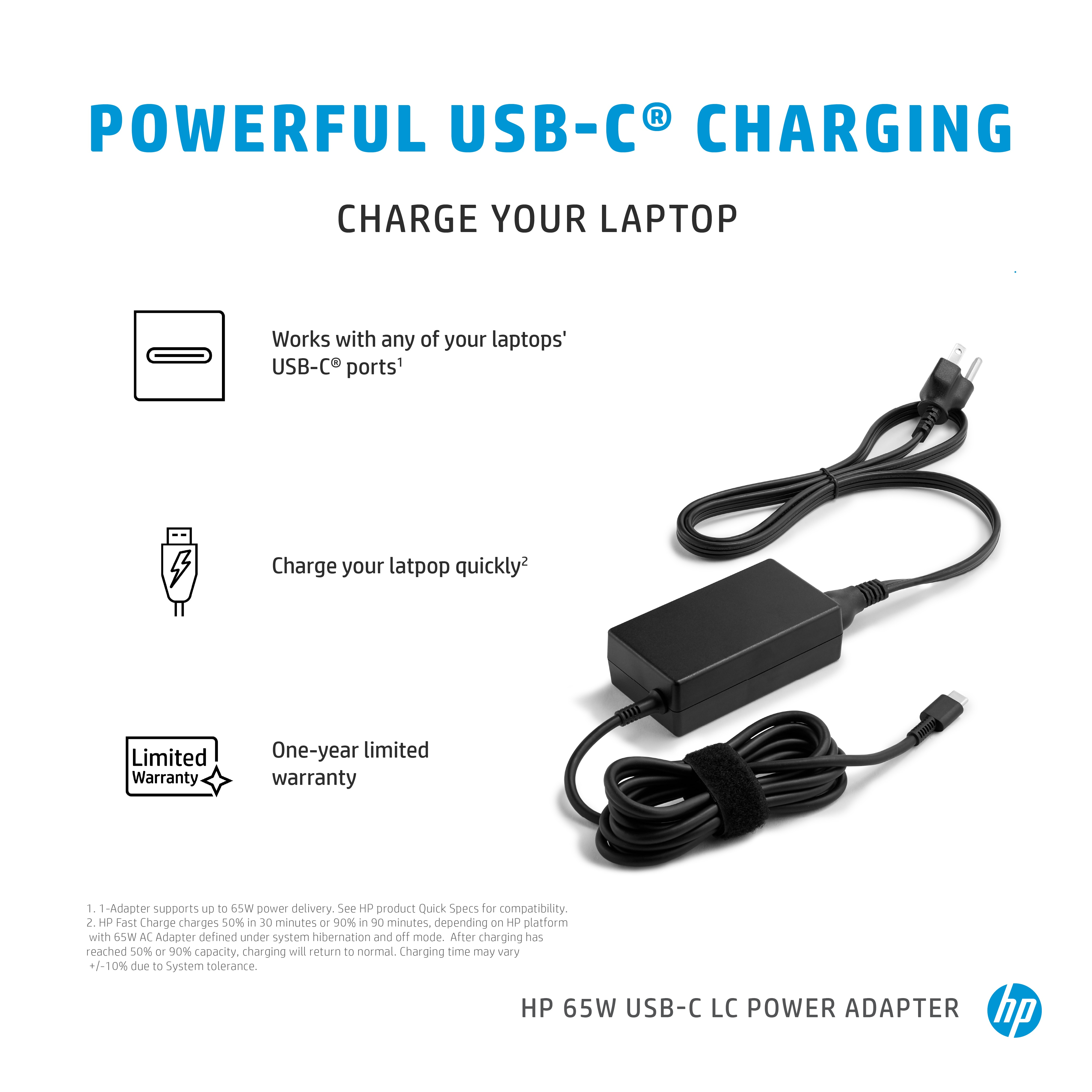 USB-C charger with a power brick and cord. Includes diagrams and a one-year warranty.