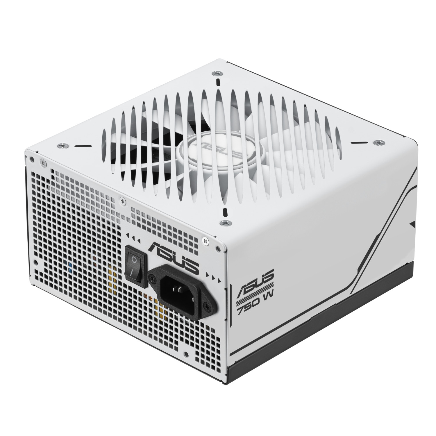 Witte voeding voor een computer. Met ventilator en ASUS logo.