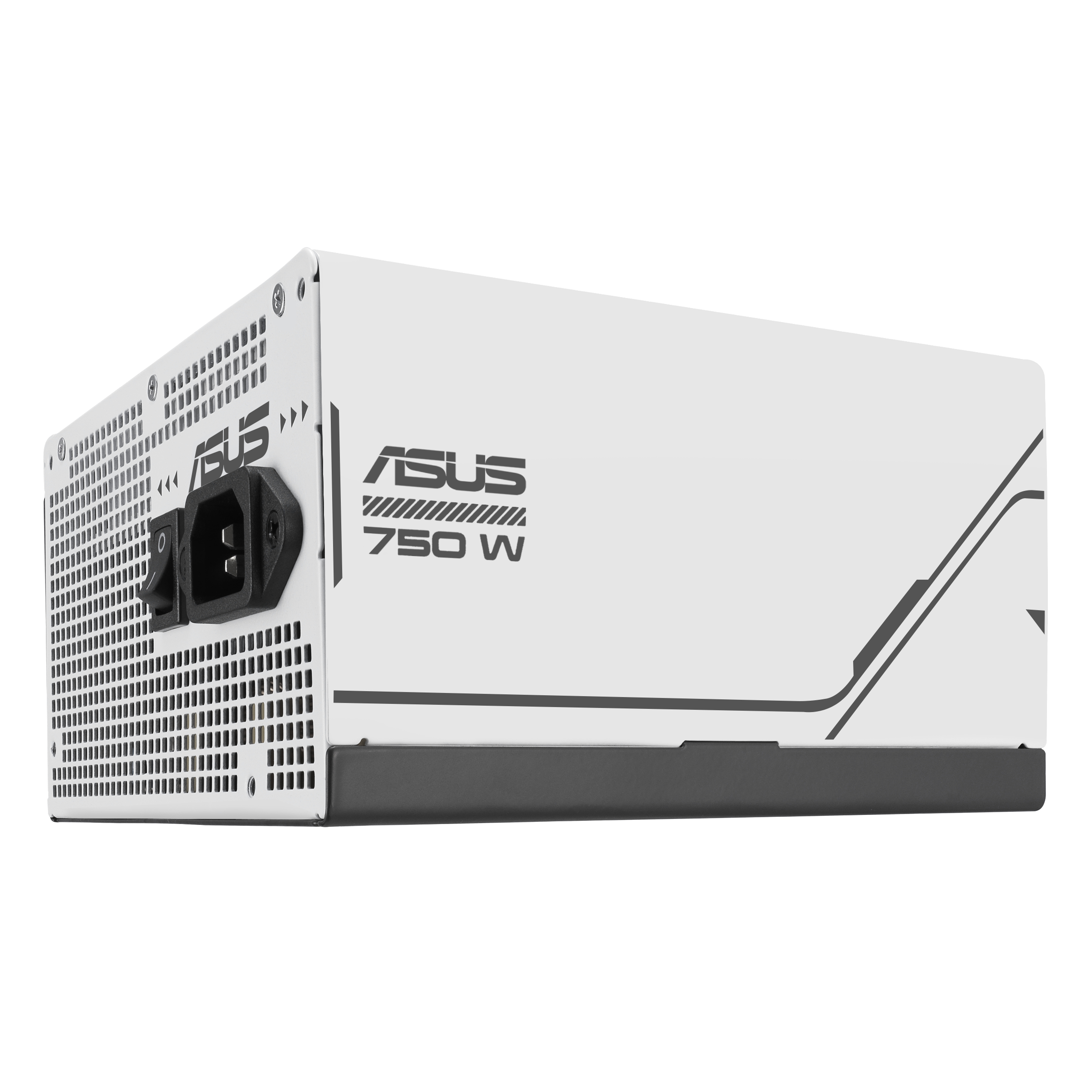 Zasilacz ASUS 750W. Biała obudowa z czarnymi akcentami. Otwory wentylacyjne i wejście zasilania widoczne z boku.