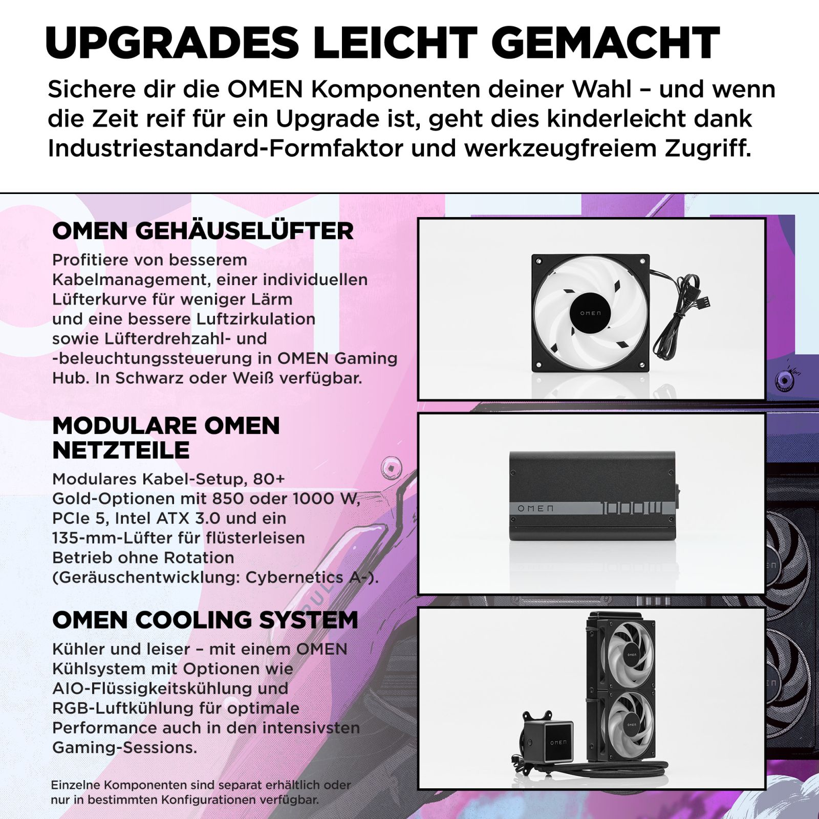 Obraz promocyjny z tekstem i zdjęciami komponentów komputerowych, z marką OMEN.