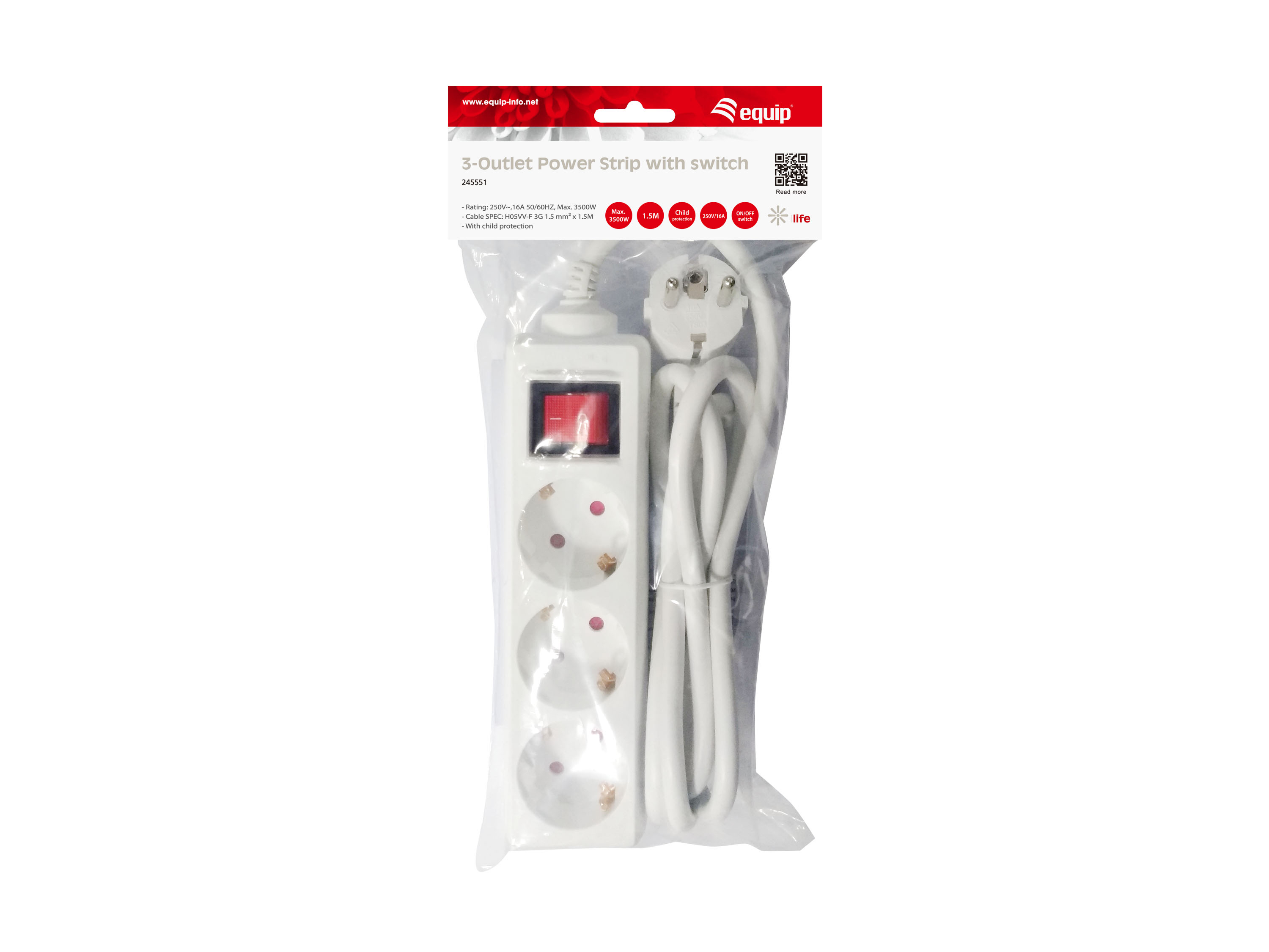 Biały przedłużacz zapakowany w przezroczysty plastik, widoczne gniazda i czerwony włącznik.