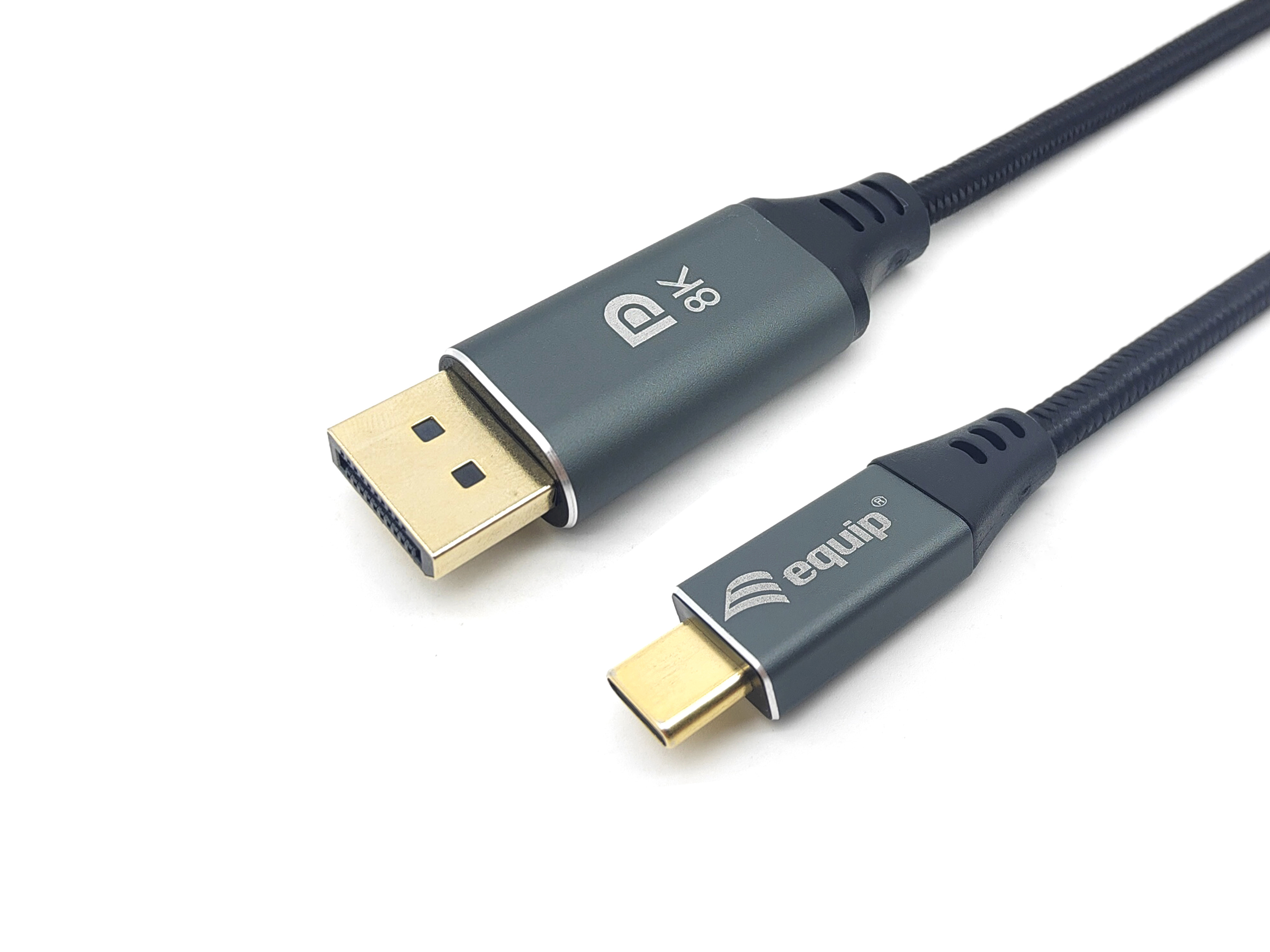 Szary kabel DisplayPort ze złączem USB-C. Widoczny tekst '8K' i 'equip'.