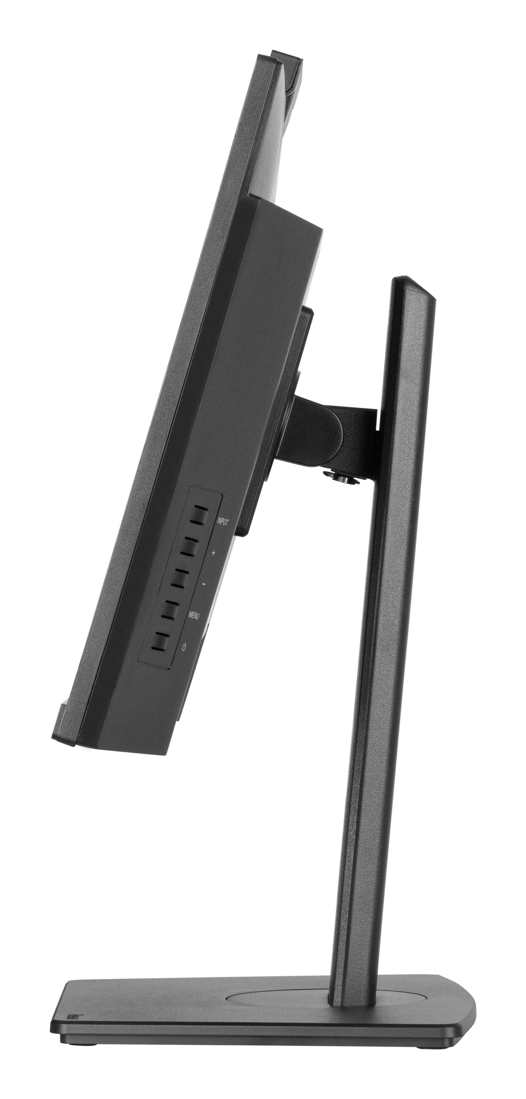 Widok z boku czarnego monitora komputerowego, odsłaniający porty i podstawkę.
