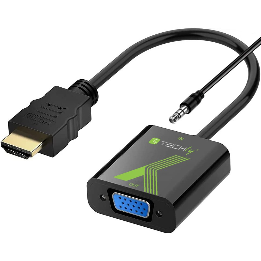 Adapter HDMI na VGA z gniazdem audio, na białym tle, widok z przodu.
