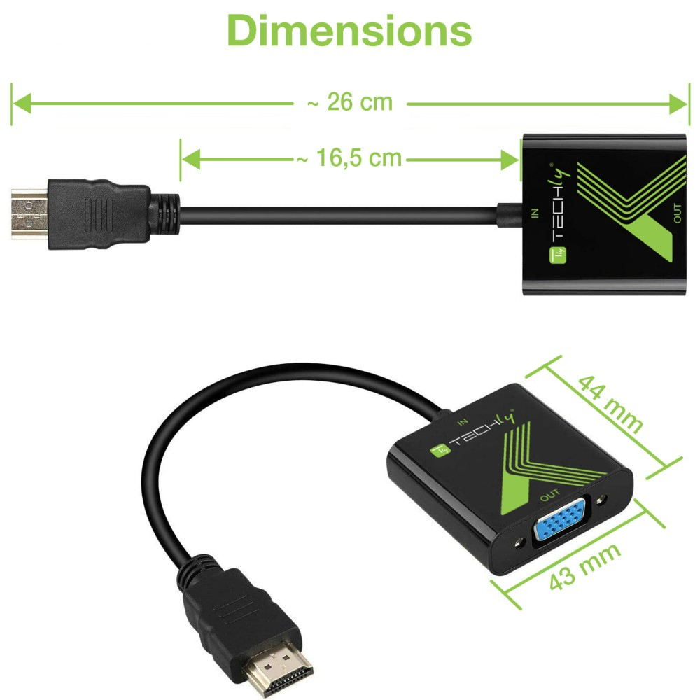 Dwa czarne adaptery HDMI z wymiarami, jeden z portem VGA. Górny ma około 26 cm długości.