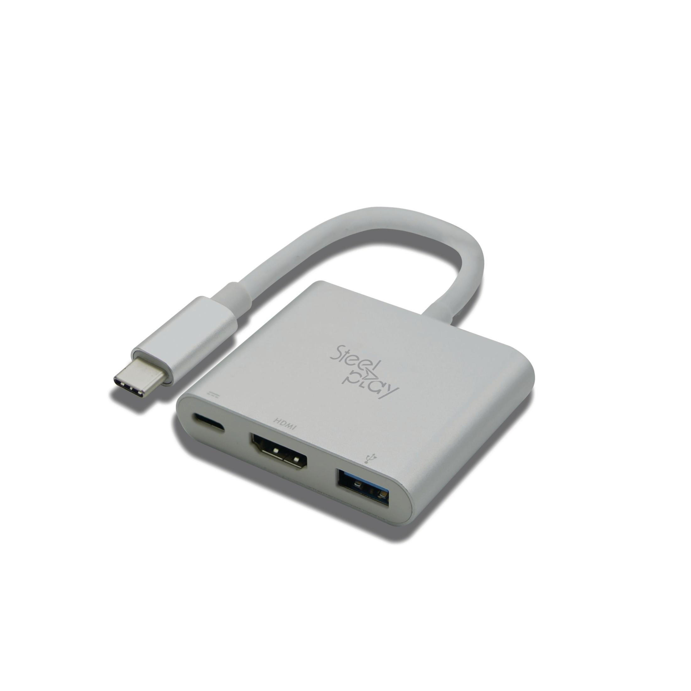 Silberner Steelplay-Adapter mit USB-C- und HDMI-Anschluss.