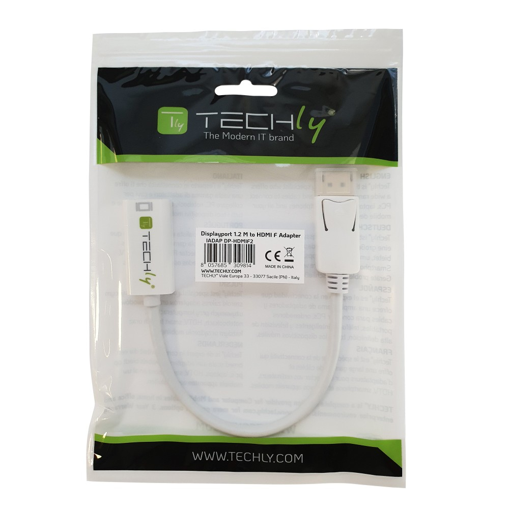 Adapter DisplayPort do HDMI zapakowany w plastik, z tekstem.