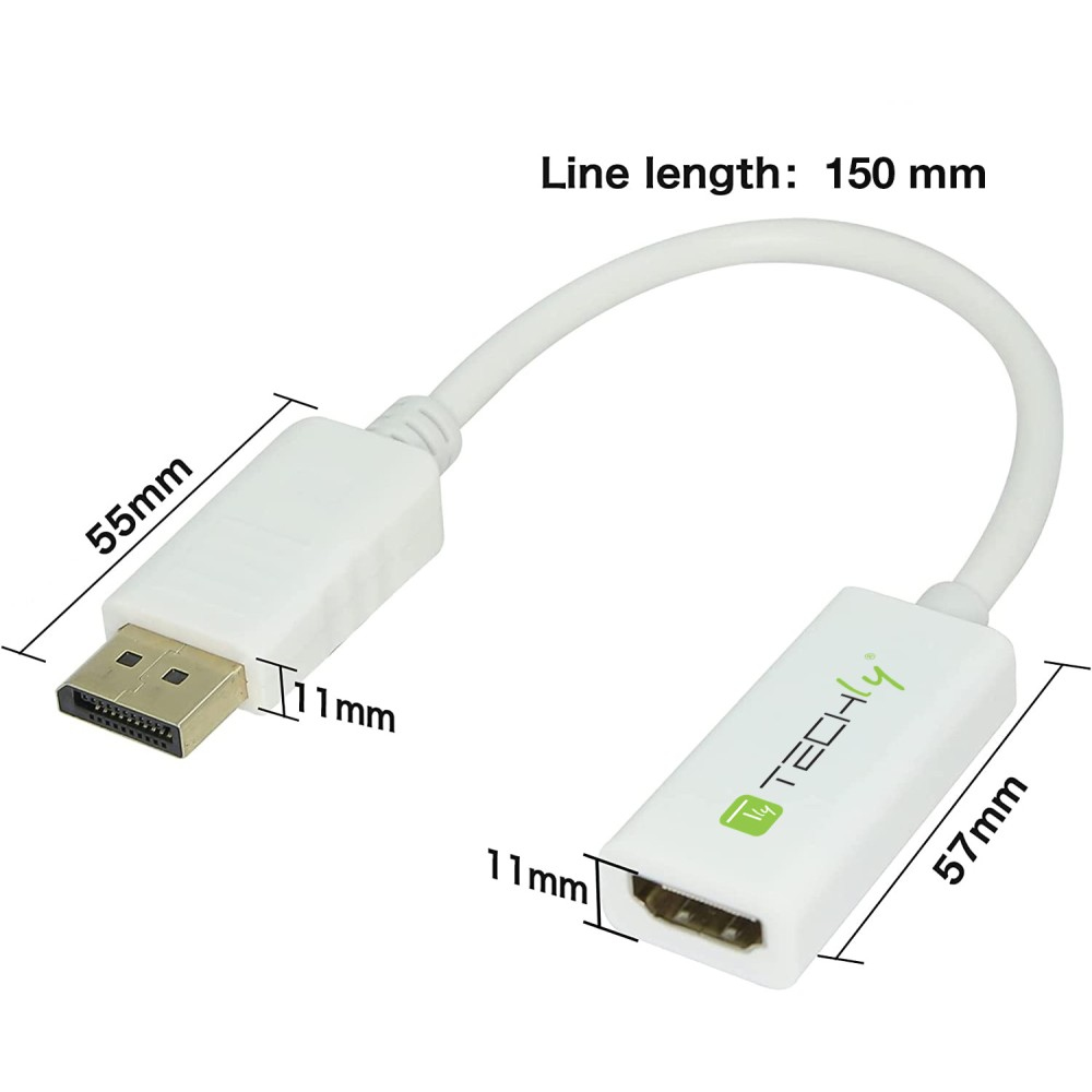 Biały kabel adaptera z wymiarami. Jeden koniec DisplayPort, drugi HDMI.