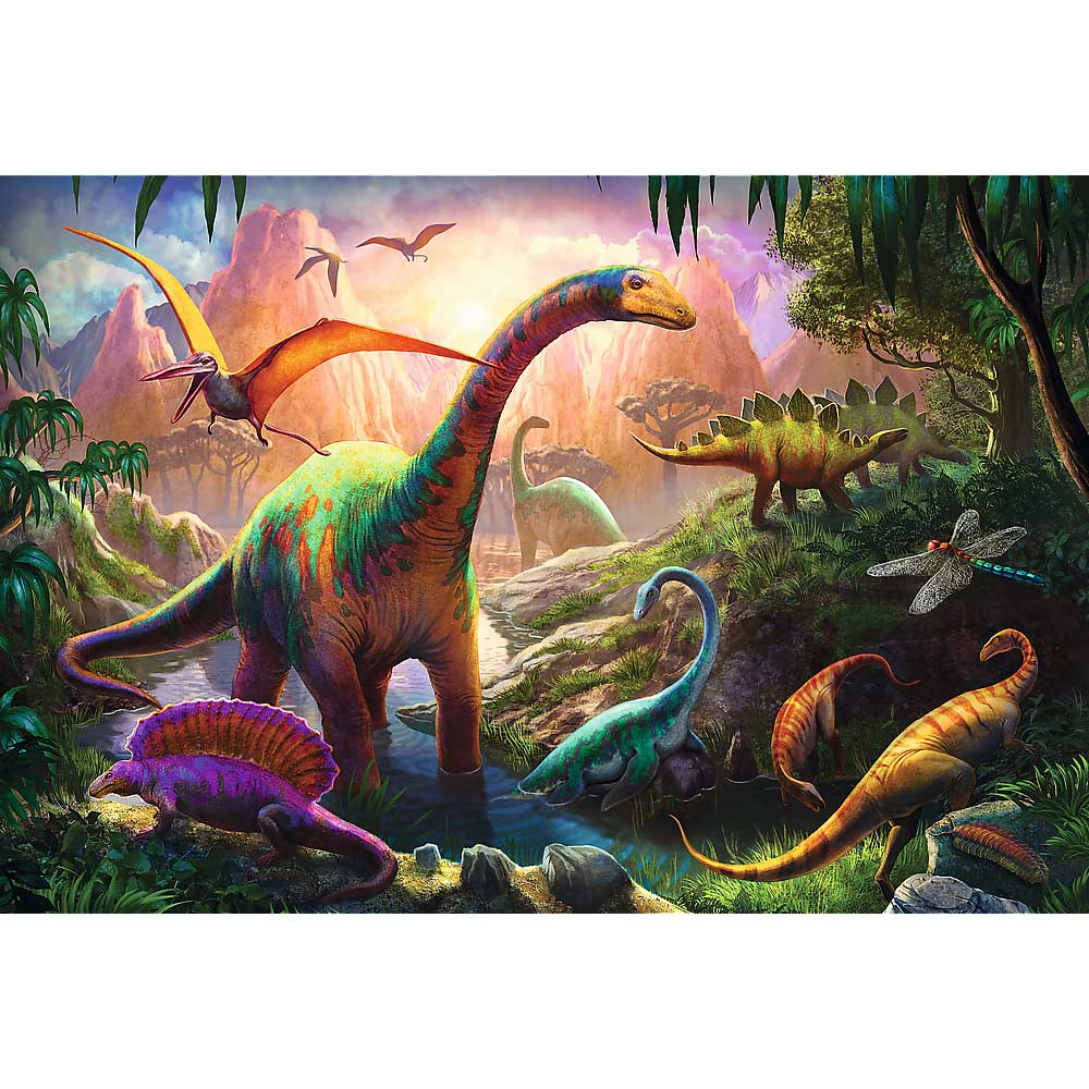 Colorful dinosaur puzzle scene with various dinosaurs and landscape.