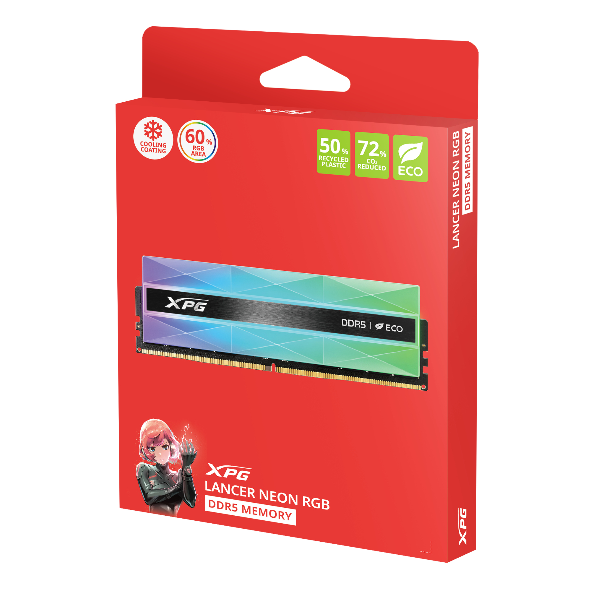 Czerwone pudełko z pamięcią DDR5 w środku.