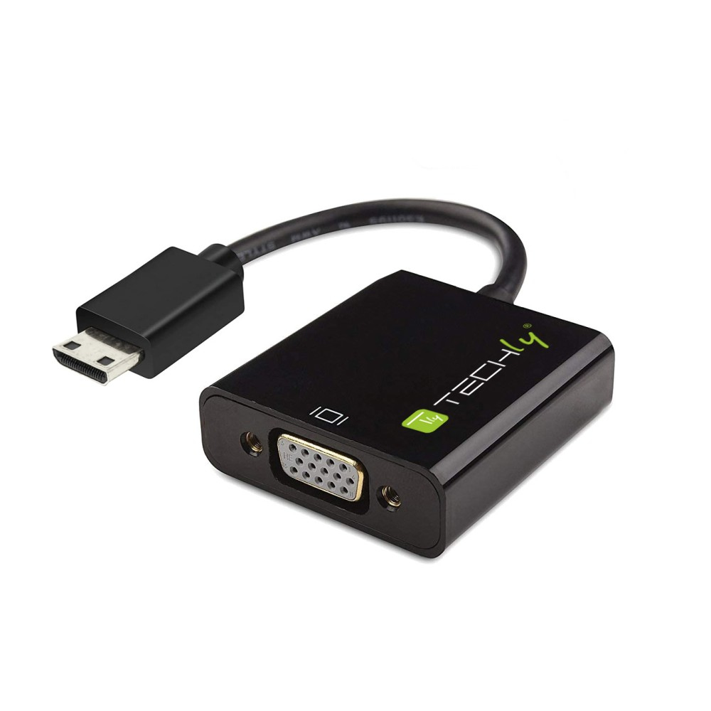 Un adaptador Techly negro con puertos HDMI y VGA, y un cable.