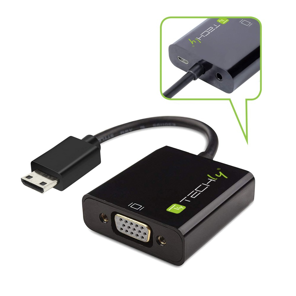 Adaptador negro con puertos VGA, USB-C y audio, conectado a un cable negro.