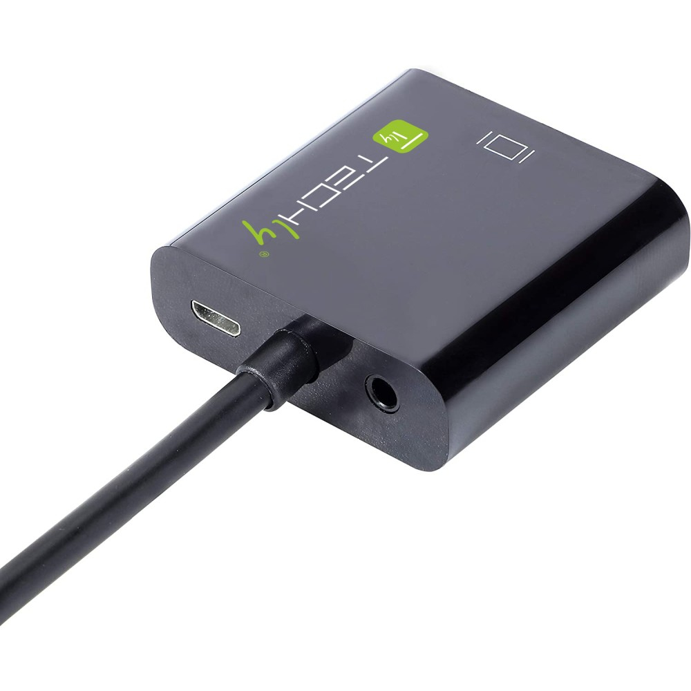 Adaptador negro con puertos USB-C y audio, conectado a un cable negro.
