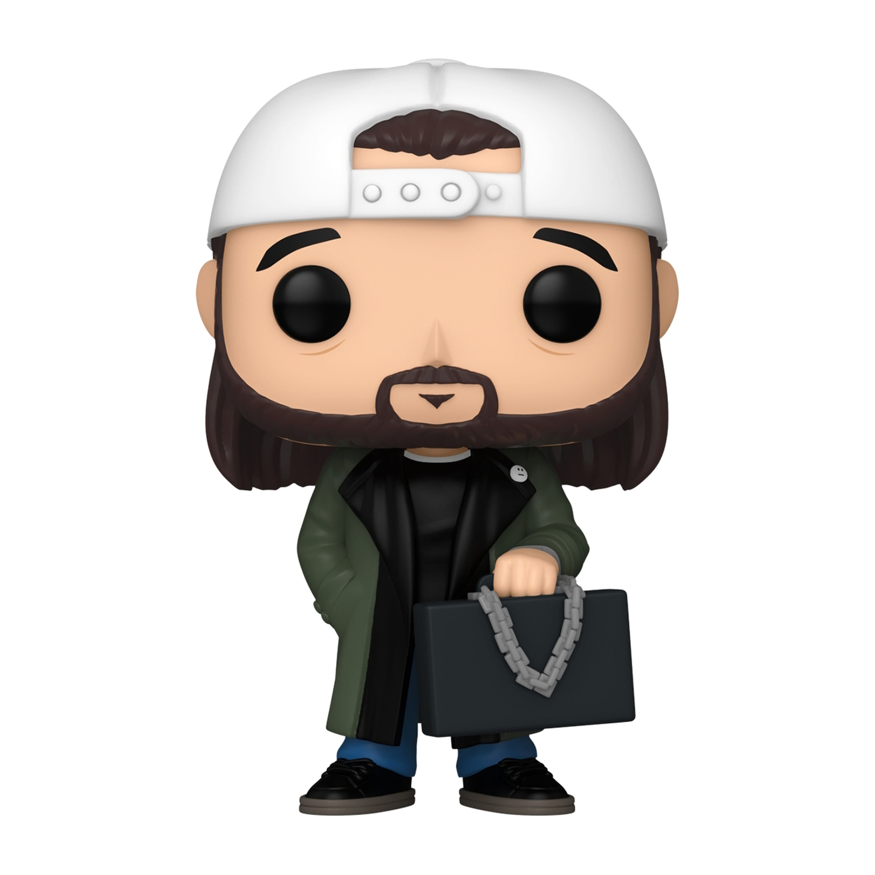 Figura Funko Pop di Silent Bob, con una valigetta, che indossa un cappello e un cappotto.