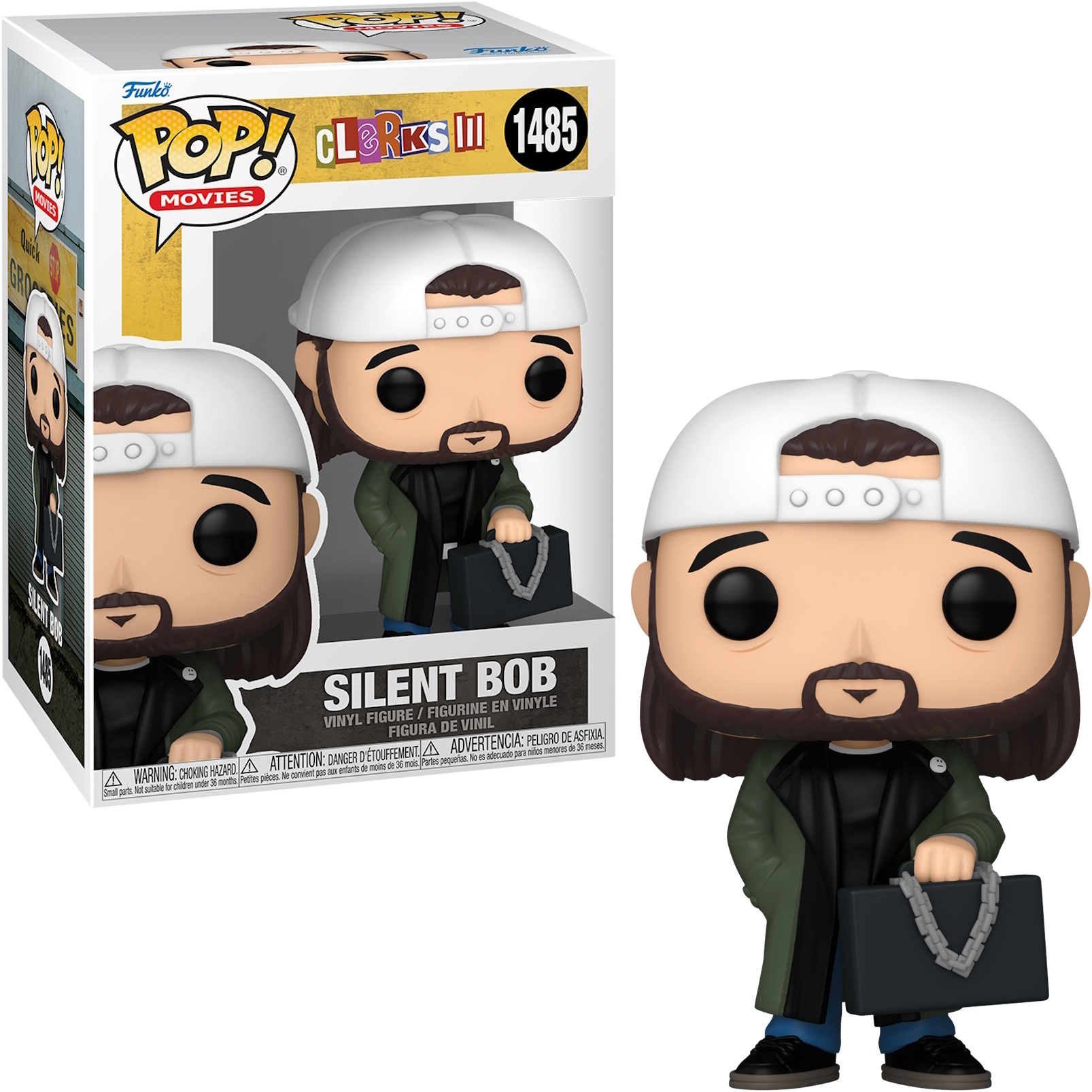 Una scatola e la figura Funko Pop di Silent Bob, con una valigetta.
