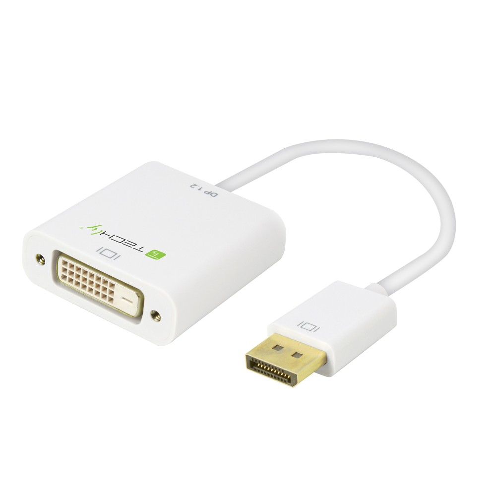 Biały adapter ze złączami DVI i DisplayPort.
