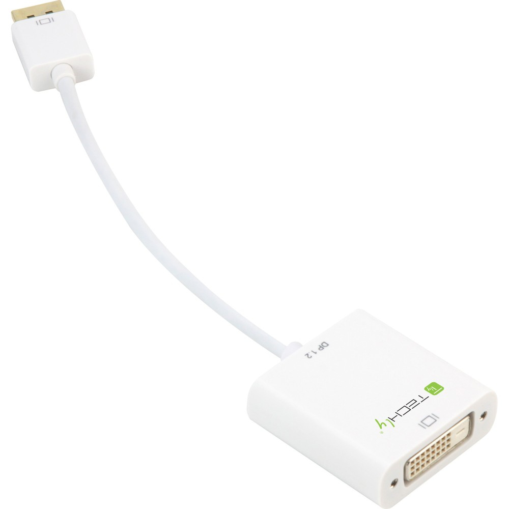 Biały adapter z białym kablem. Jeden koniec to DisplayPort, drugi DVI.