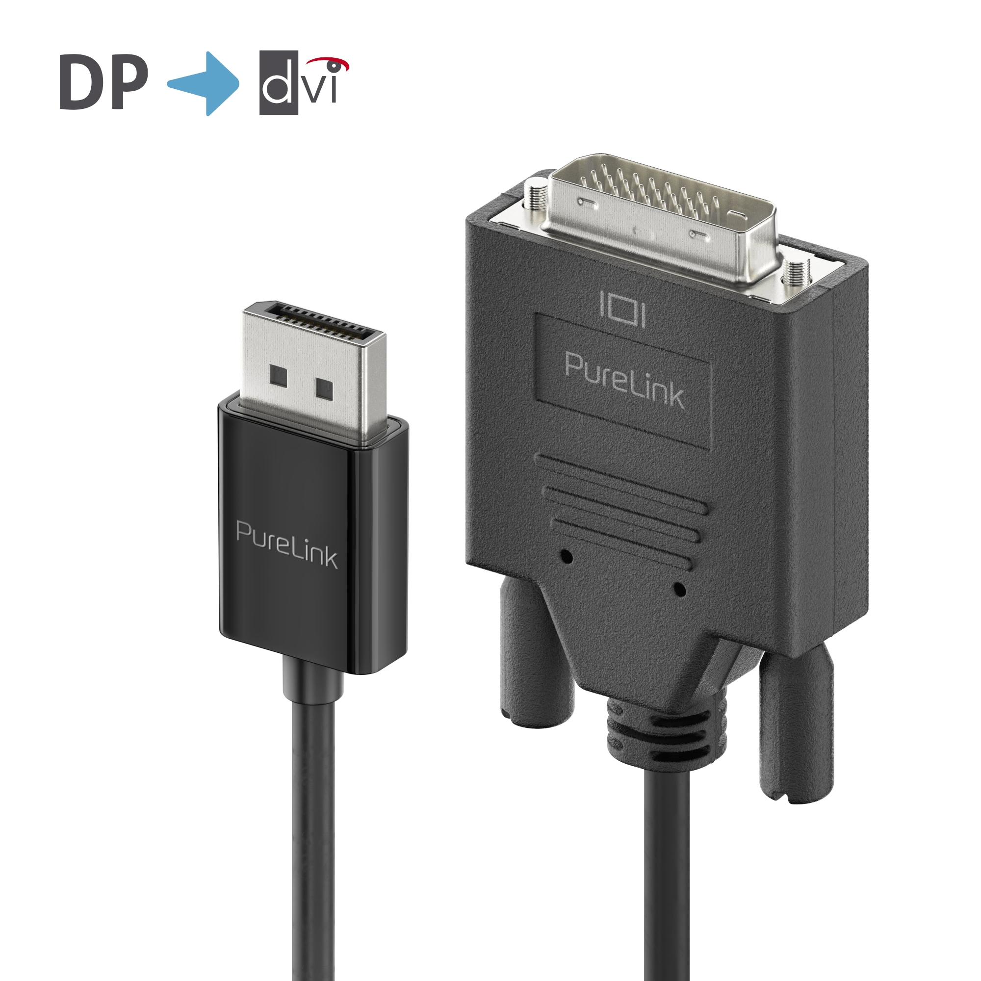 Un cable DisplayPort a DVI negro. Muestra los conectores y el texto "PureLink" en ambos.