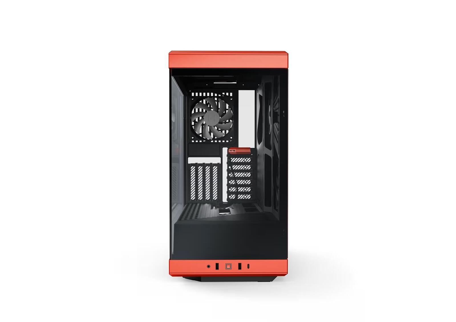 Case per computer rosso e nero con pannello laterale in vetro, ventola visibile all'interno e cornice rossa.