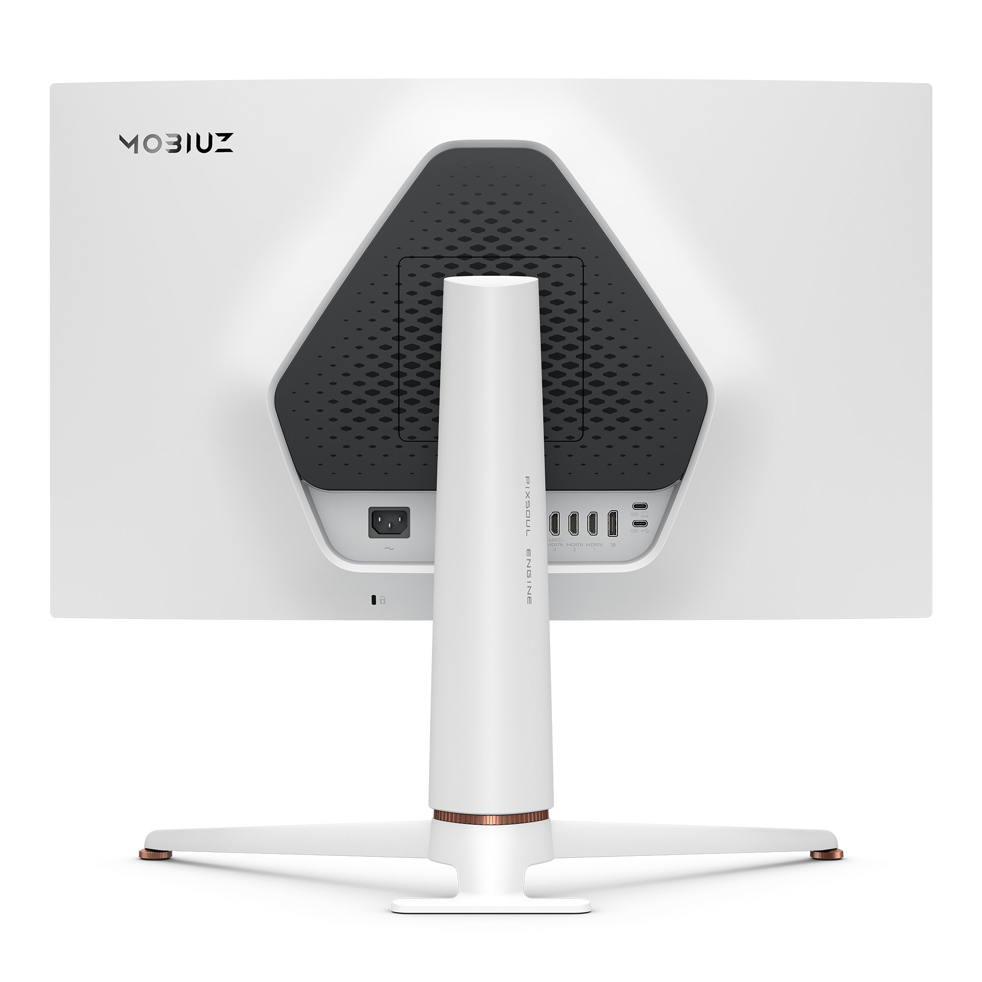 Tył białego monitora z marką MOBIUS i portami. Pokazano białą podstawę.