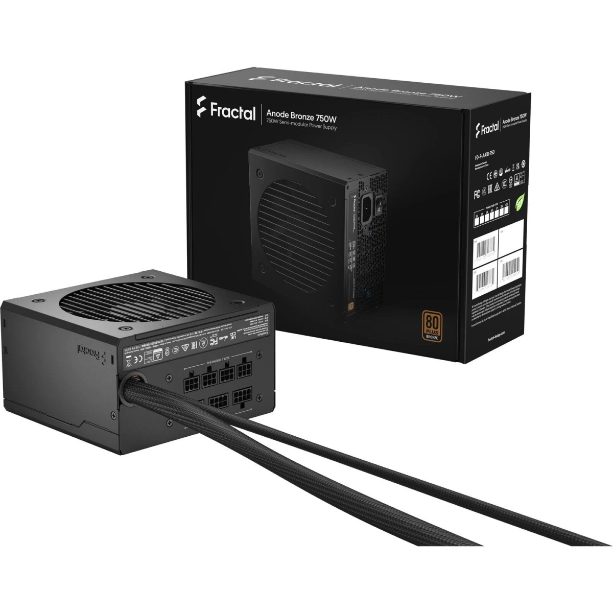 Alimentatore Fractal Anode Bronze 750W e scatola. Nero, con cavi e porte visibili.
