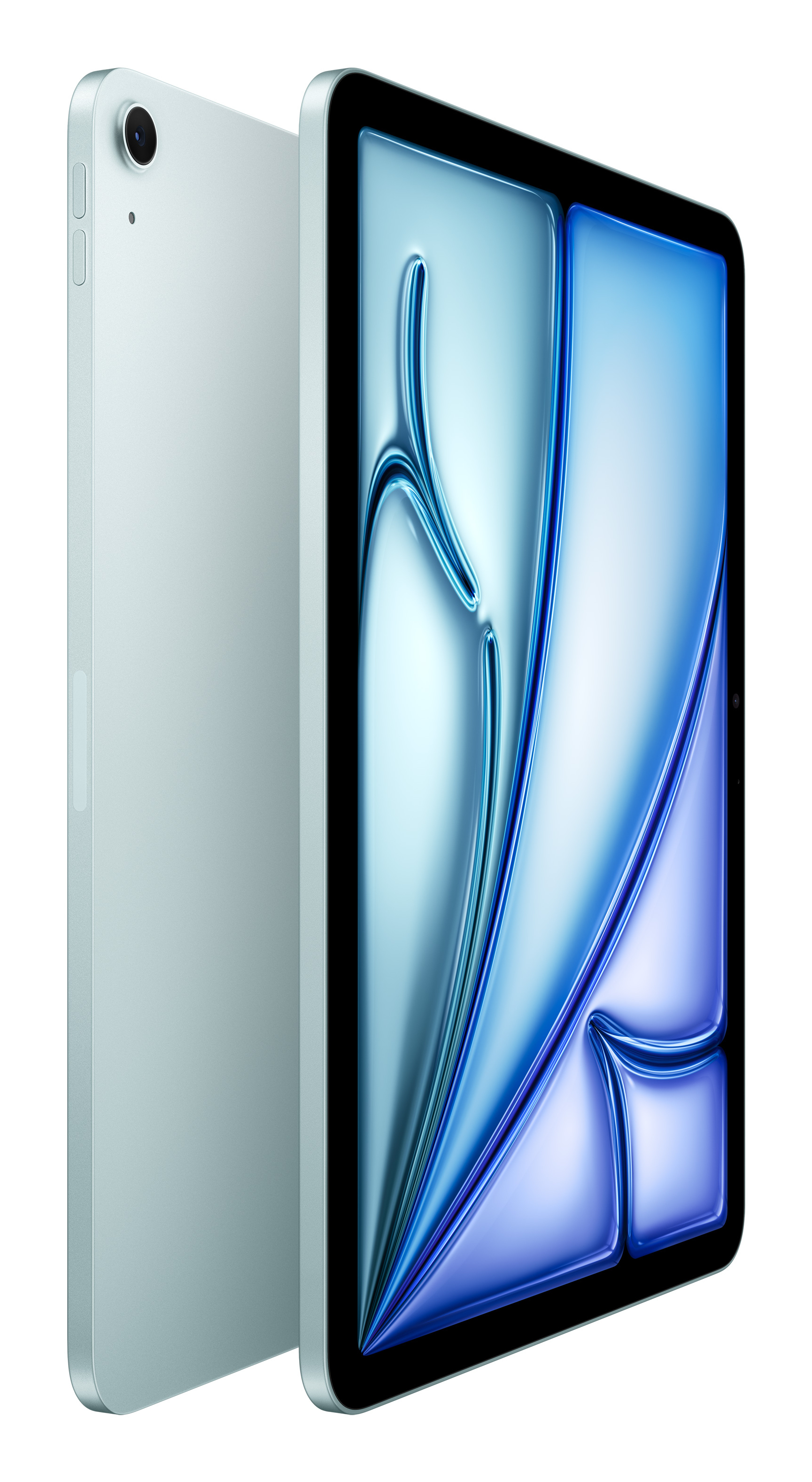 iPad azzurro, vista frontale e laterale. Schermo nero con design astratto blu.
