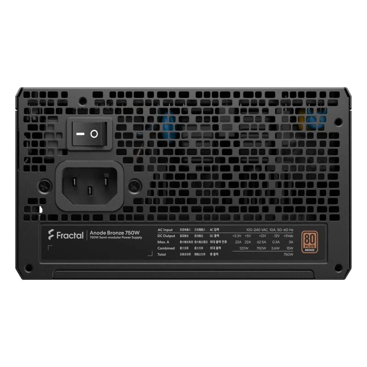 Alimentatore Fractal Anode Bronze 750W, vista posteriore. Nero, porte ed etichette visibili.