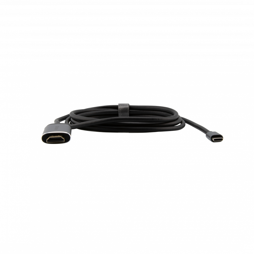 Cable negro HDMI a USB-C, enrollado. HDMI a la izquierda, USB-C a la derecha, fondo blanco.