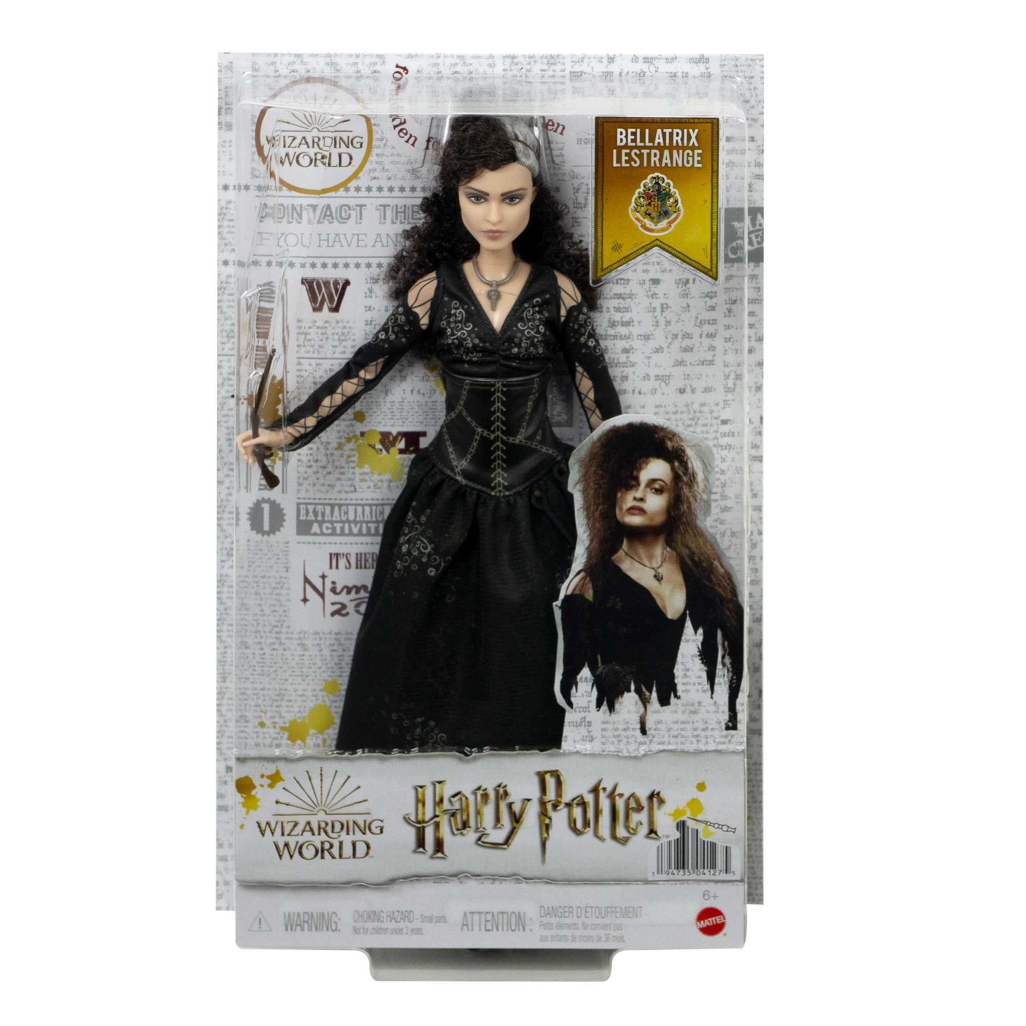 Una bambola di Harry Potter in una scatola, con Bellatrix Lestrange in nero.