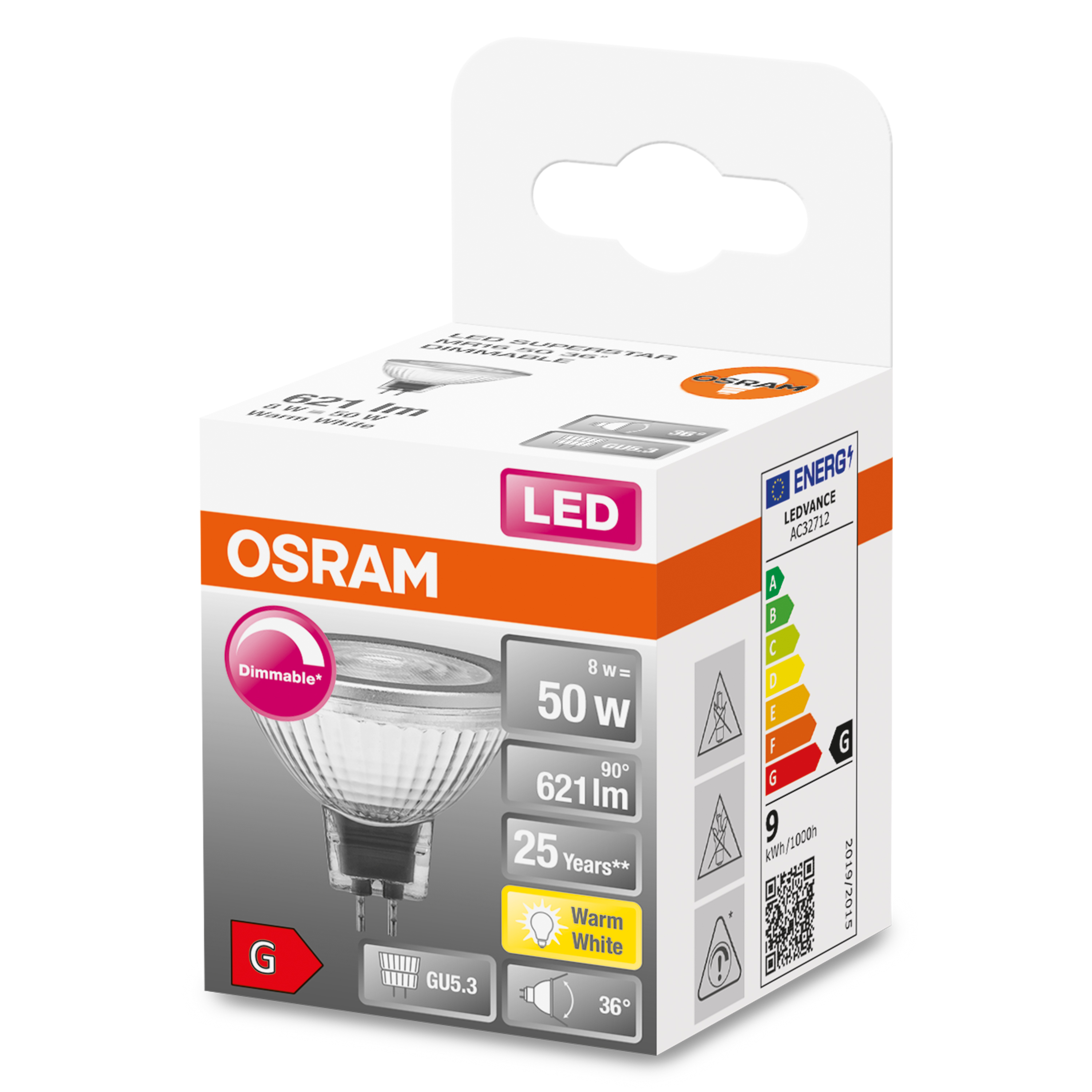 Pudełko żarówki z etykietą OSRAM, pokazujące żarówkę i informacje o energii.