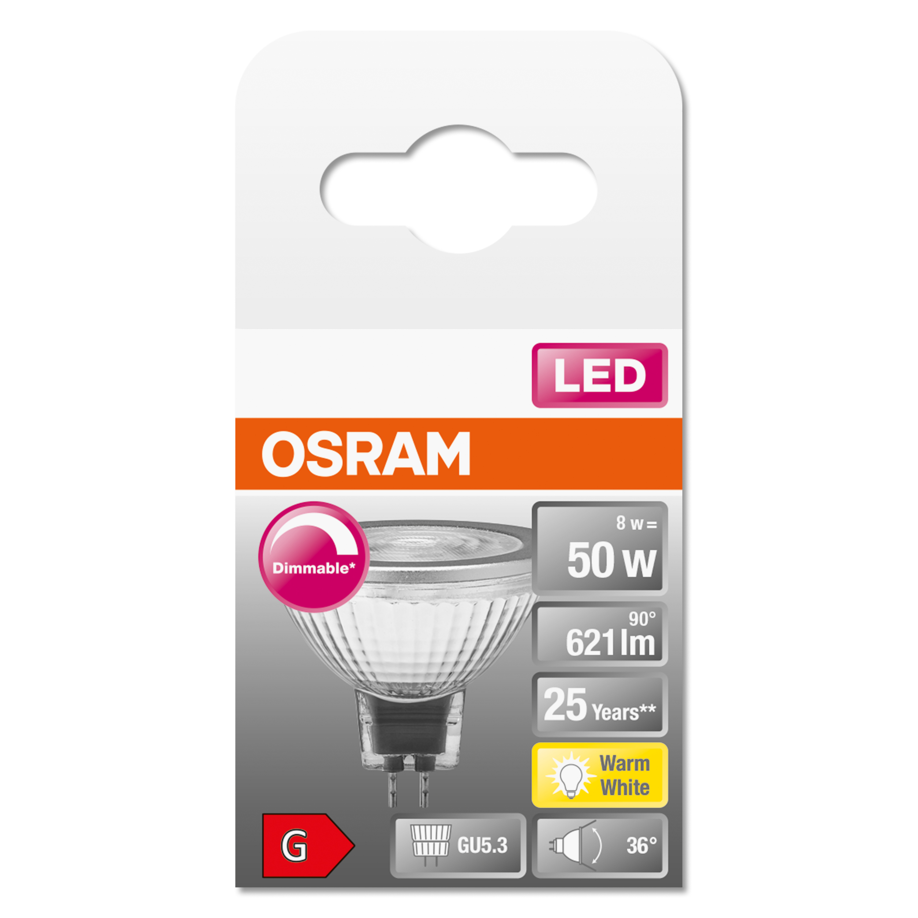 Opakowanie żarówki LED Osram. Kolory biały i pomarańczowy ze szczegółami produktu.
