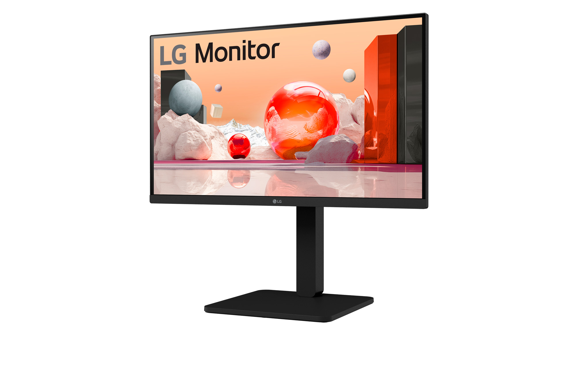 Monitor LG che mostra un'opera d'arte astratta con un supporto nero e uno sfondo colorato.