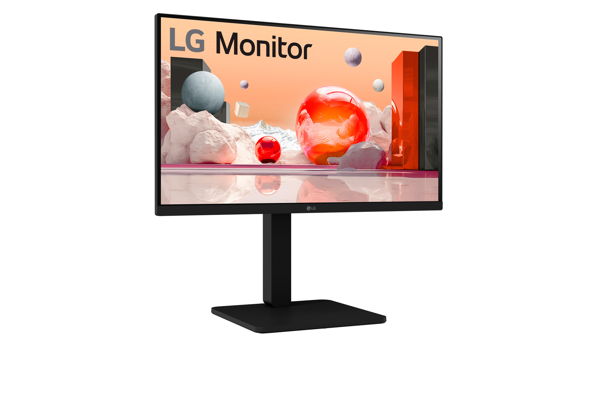 Monitor LG nero con display colorato, su supporto nero.