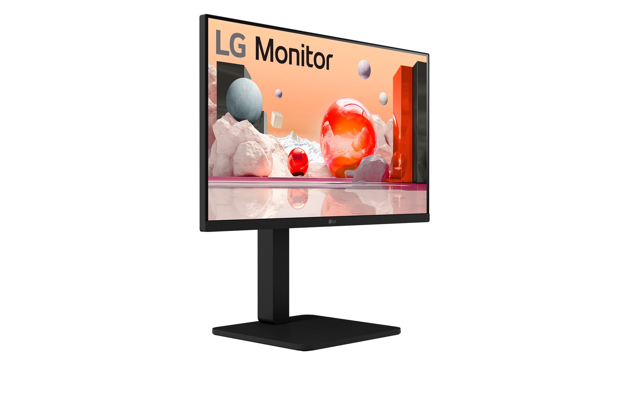 Monitor LG che mostra una visualizzazione colorata di oggetti. Il supporto è nero e lo sfondo è bianco.