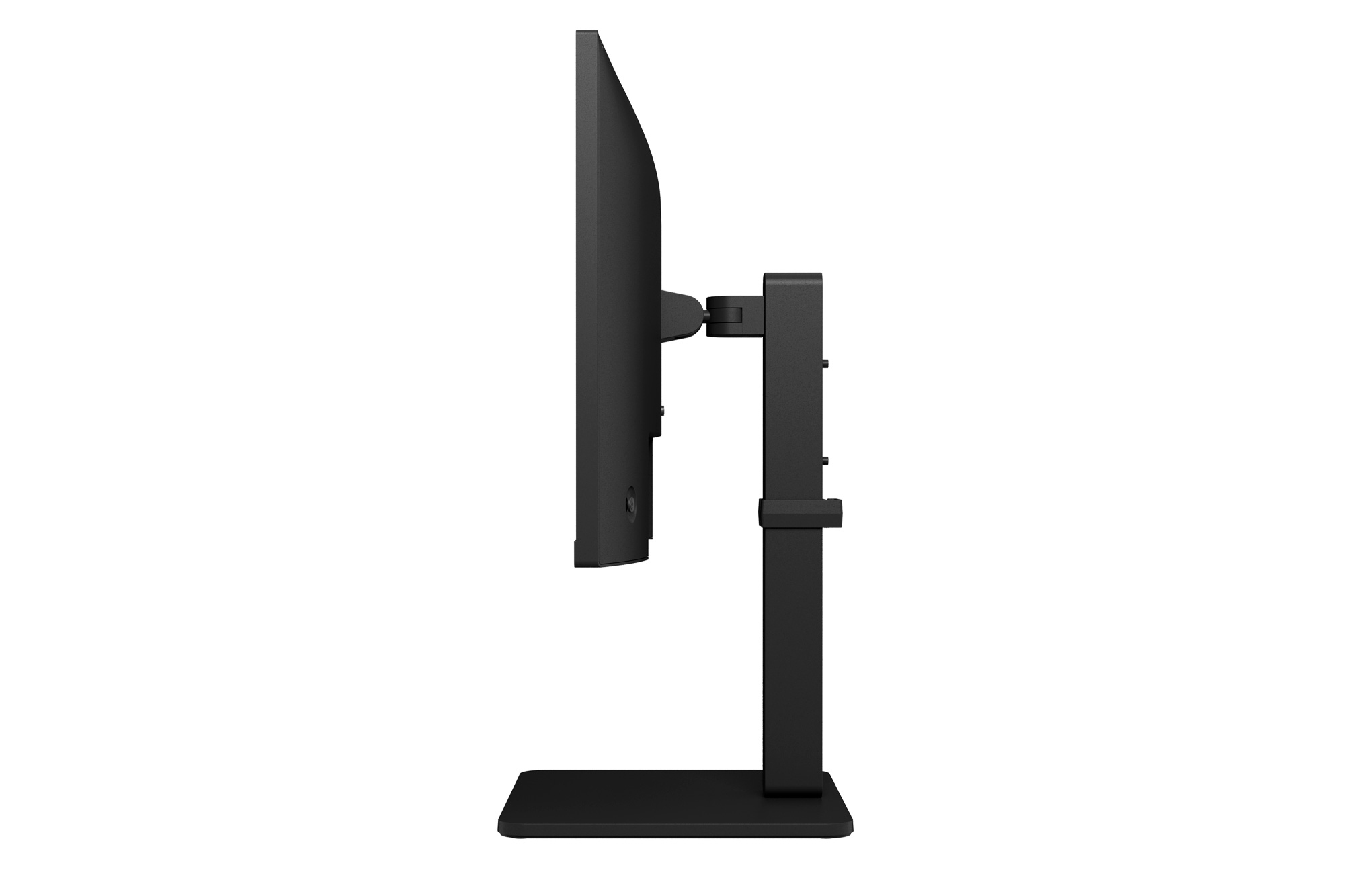 Vista laterale di un monitor nero su un supporto nero. Lo sfondo è bianco.