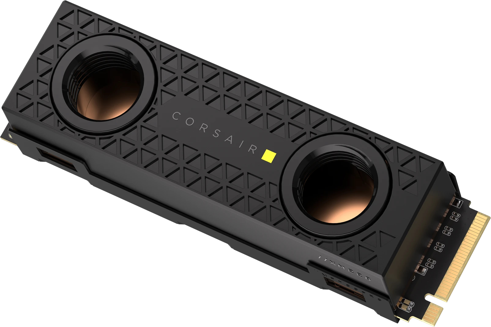 Czarny dysk SSD z dwoma okrągłymi otworami i złotymi akcentami. Logo Corsair widoczne.