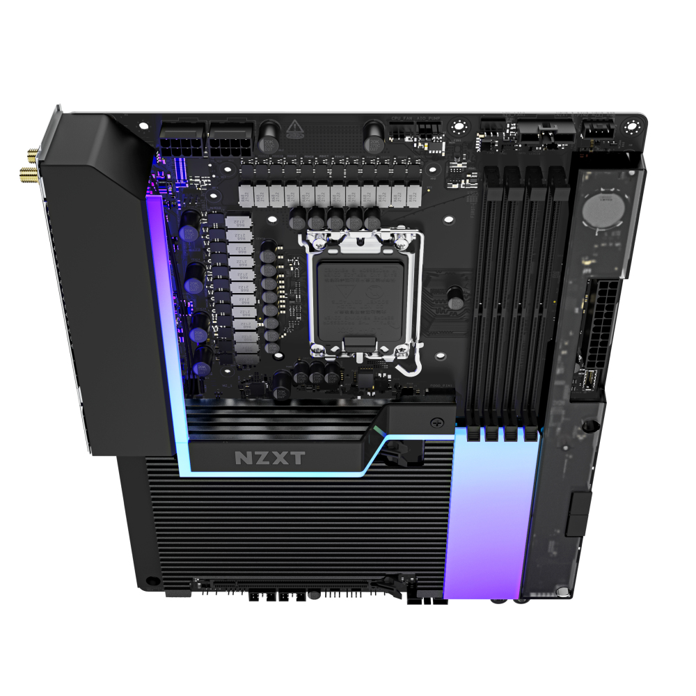 Schwarzes NZXT-Motherboard mit bunten Lichtern und verschiedenen Komponenten.