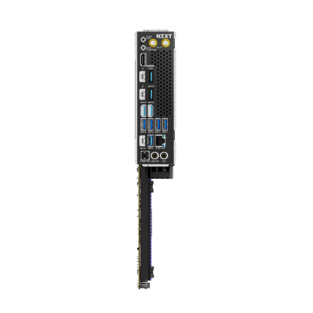 Rückansicht eines schwarzen Computer-Motherboards mit verschiedenen Anschlüssen.