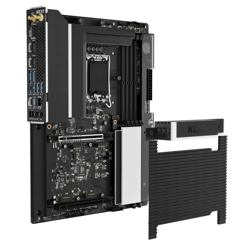 Schwarzes und graues Computer-Motherboard mit Anschlüssen und Komponenten, weißer Hintergrund.
