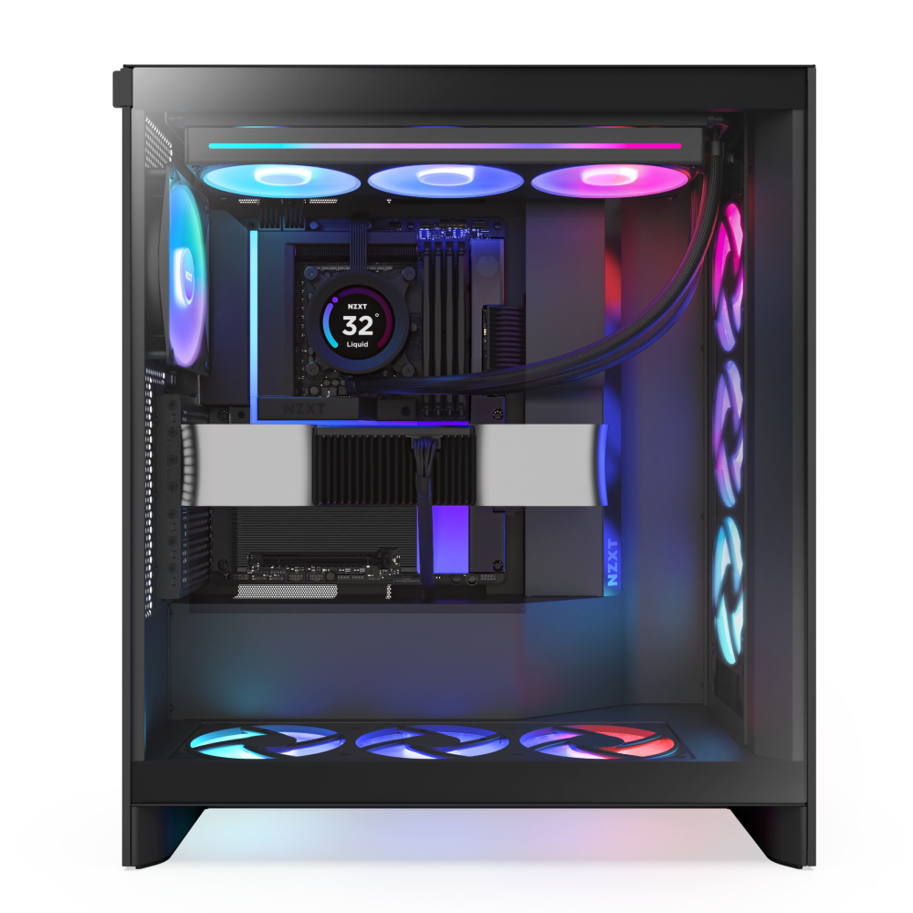 In einem schwarzen Computergehäuse mit Komponenten wie CPU-Kühler, GPU und Lüftern.