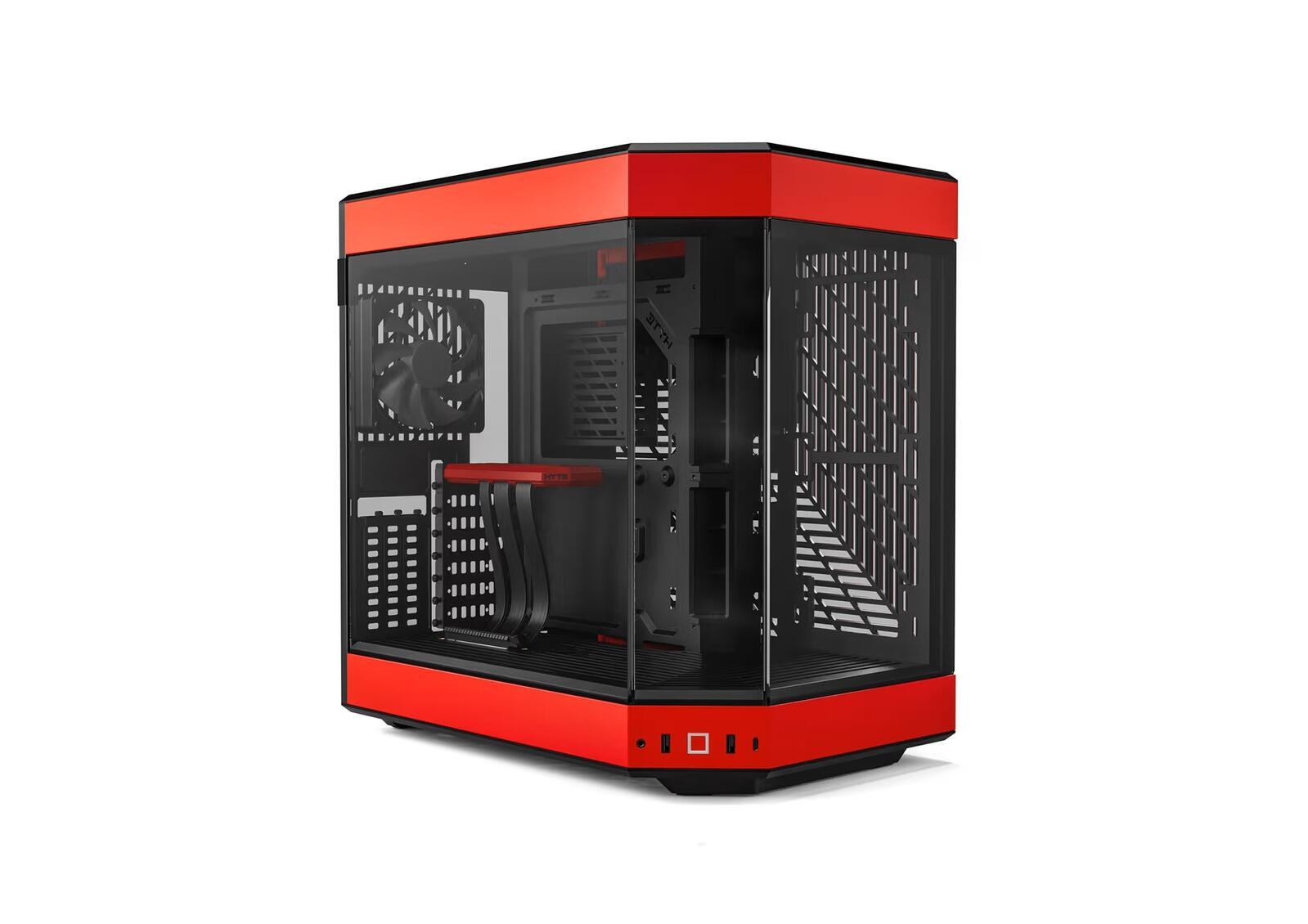 Case per computer rosso e nero con pannello laterale in vetro che mostra l'interno.