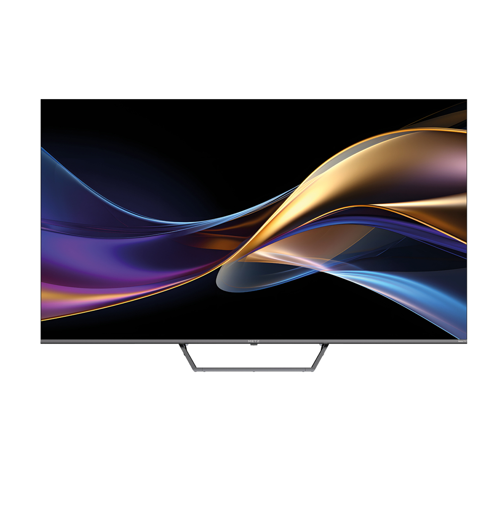 Ein Fernseher mit einem schwarzen Bildschirm, der ein verschwommenes abstraktes Muster aus lila, gold und blauen Farben zeigt.