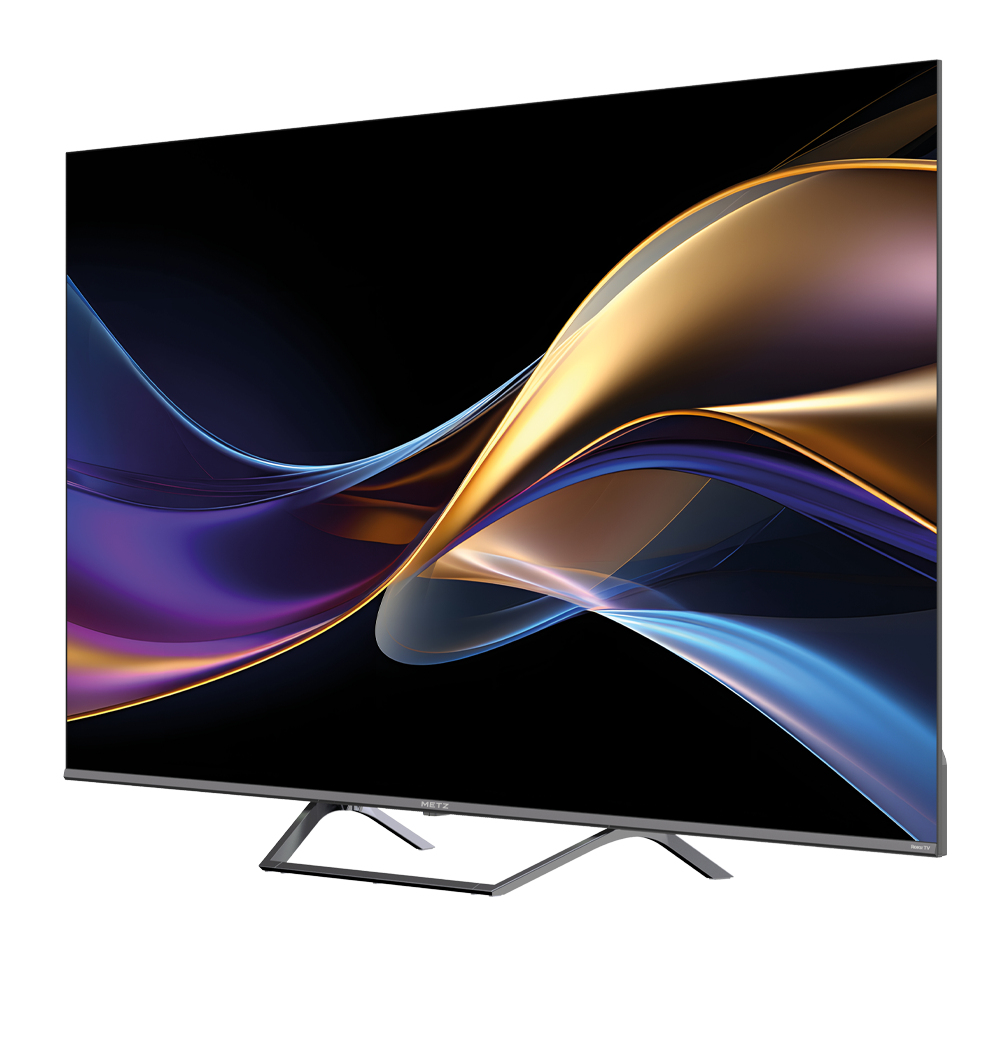 Ein schlanker, moderner Fernseher mit einer stilisierten Darstellung goldener und violetter abstrakter Formen.