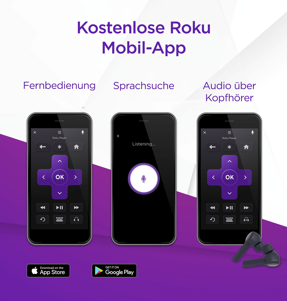 Drei Smartphones mit App-Oberflächen und Ohrhörern. Text auf Deutsch: 'Kostenlose Roku Mobil-App' und andere Etiketten.