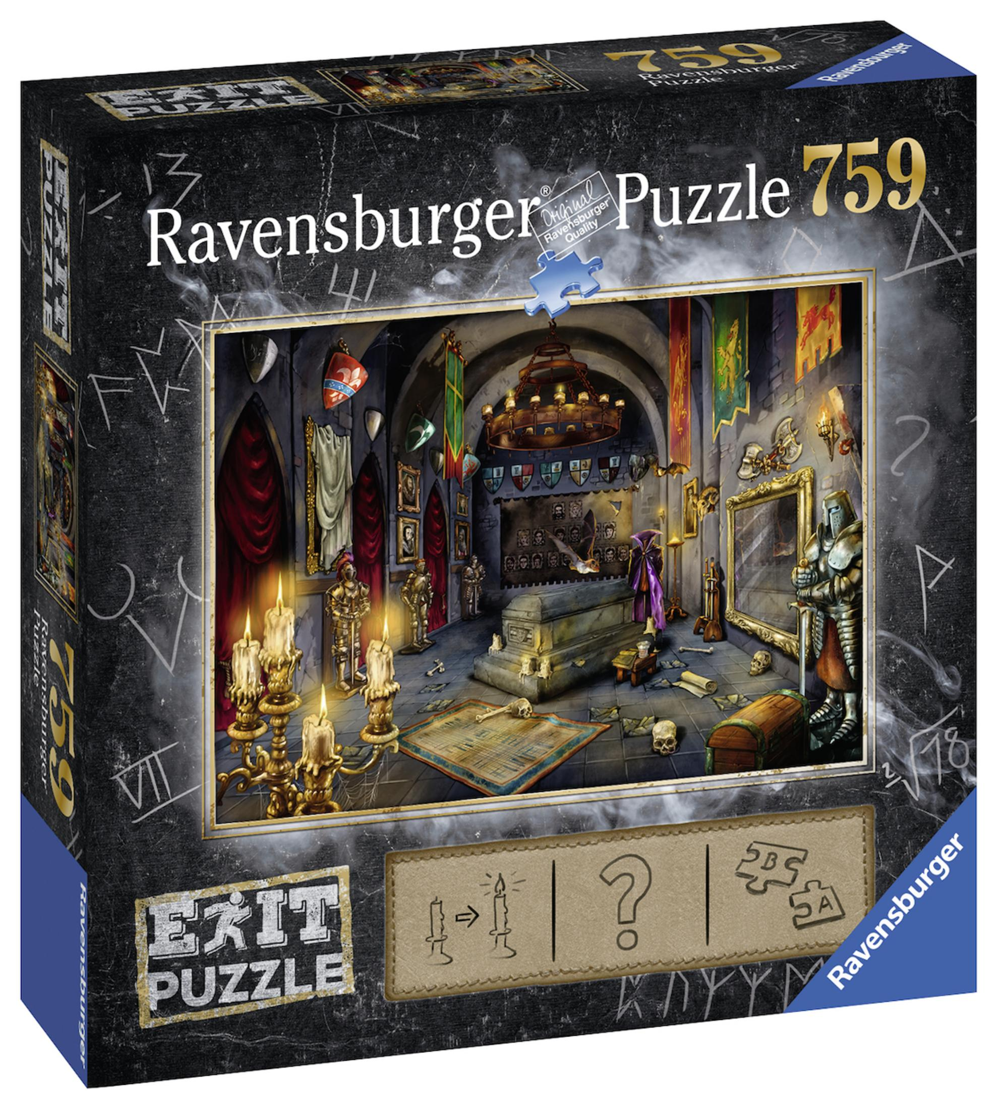 Eine Ravensburger Puzzle-Box zeigt eine detaillierte Illustration eines Raumes mit Sarg und Kerzen.